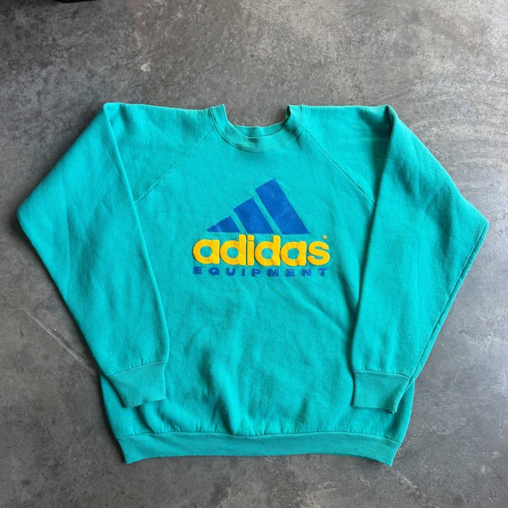 Vintage 90s Adidas Equipment Sweatshirt Teal Puff Print Crewneck Raglan Mens XL